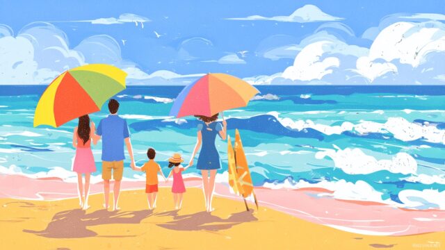 Family Background HD For Desktop, A Joyful Family Picnic At The Beach With Colorful Beach Umbrellas And Playful Waves