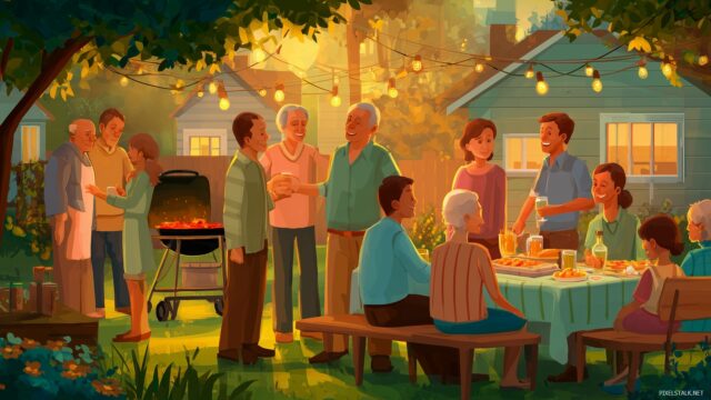 Family Background High Definition, An Evening Barbecue With Family Members Laughing And Enjoying In A Vibrant Backyard