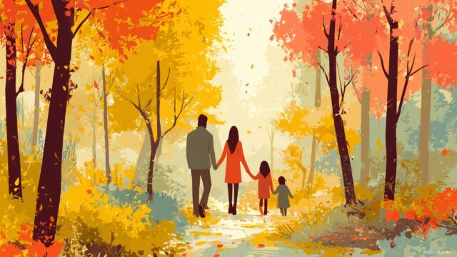Family Full HD Desktop Background, A Cheerful Family Walking Hand In Hand Through A Picturesque Autumn Forest Filled With Colorful Leaves