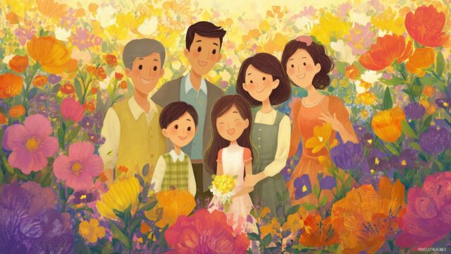 Family HD Background For PC, A Family Reunion Celebration In A Vibrant Garden Filled With Colorful Flowers And Joyful Smiles