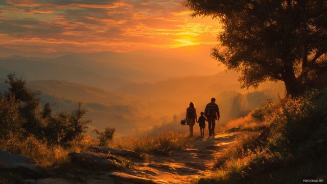 Family Best Quality Desktop Background, A Peaceful Sunset Family Walk Along A Scenic Trail With Golden Light Illuminating Faces