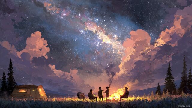 Family High Definition Background, A Heartwarming Family Camping Scene With A Crackling Campfire Under A Starlit Sky
