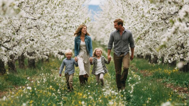 Family High Definition Desktop Background, A Family Exploring A Beautiful Orchard In Full Bloom With Laughter In The Air
