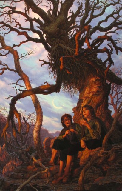 Fangorn Forest Magic Ancient Tree With Two Adventurers Wallpaper