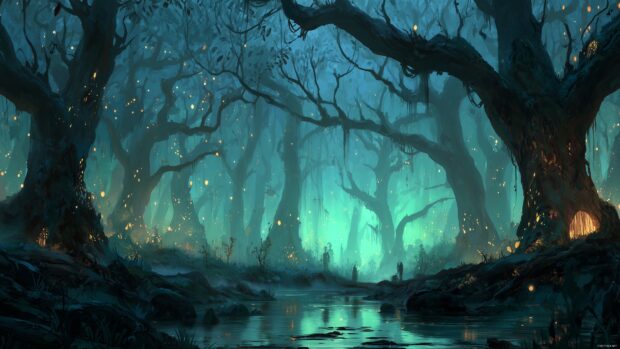 Fantasy Desktop Backgrounds, a mythical forest with trees that glow in the dark and ethereal creatures lurking.