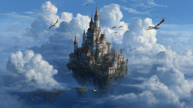 Fantasy Desktop Backgrounds, an enchanting castle in the clouds surrounded by floating islands and magical creatures.