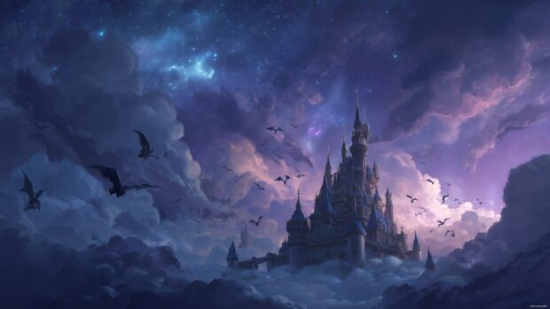 Fantasy Disney Castle Backgrounds, a fantastical castle set against a starry sky, mythical creatures flying around, enhancing the adventurous spirit.