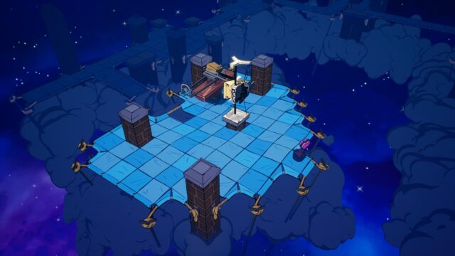 Fantasy Puzzle Game Wallpaper Floating Platform in Night Sky with Mechanical Elements