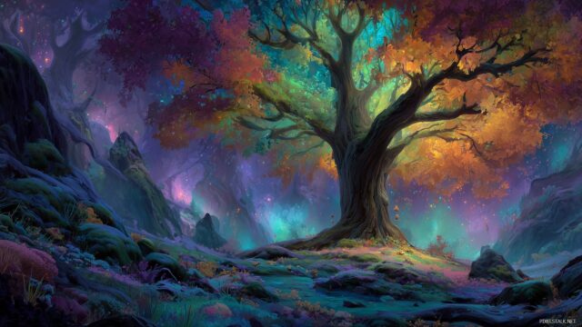 Fantasy background for desktop, a grand tree with shimmering leaves in an enchanted forest painted in vibrant colors.