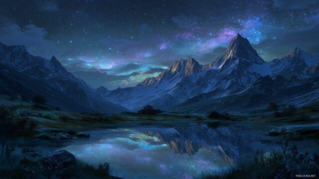 Fantasy background for desktop, a mesmerizing landscape filled with towering mountains and a sparkling lake under a starlit sky.