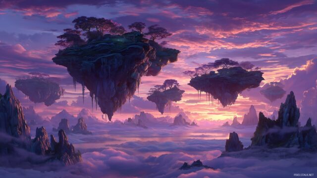 Fantasy background for desktop, a mystical realm where floating islands drift in a colorful sunset sky.