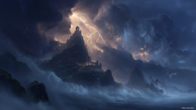 Fantasy background for gaming, a dark castle perched on a cliff surrounded by swirling mist and lightning in a stormy sky.