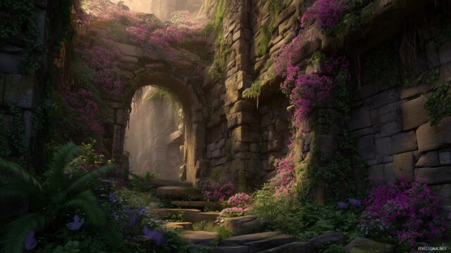 Fantasy background for gaming, an ancient ruin overtaken by nature, with vines and flowers climbing the weathered stones.