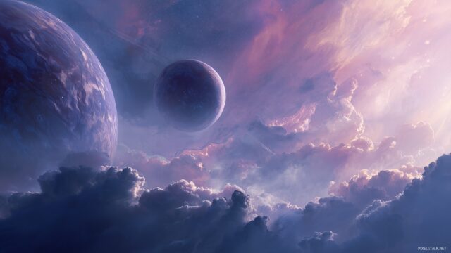 Fantasy background ideas for desktop, a celestial scene featuring planets and stars intertwined with ethereal clouds.