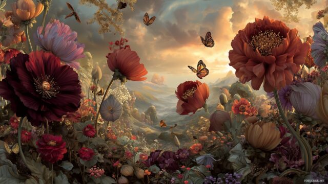 Fantasy background ideas for desktop, a magical garden filled with oversized flowers and fluttering butterflies under a golden sun.