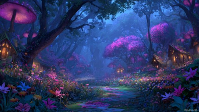 Fantasy background ideas for desktop, a vibrant fairy village nestled among colorful flowers and surrounded by whimsical trees.