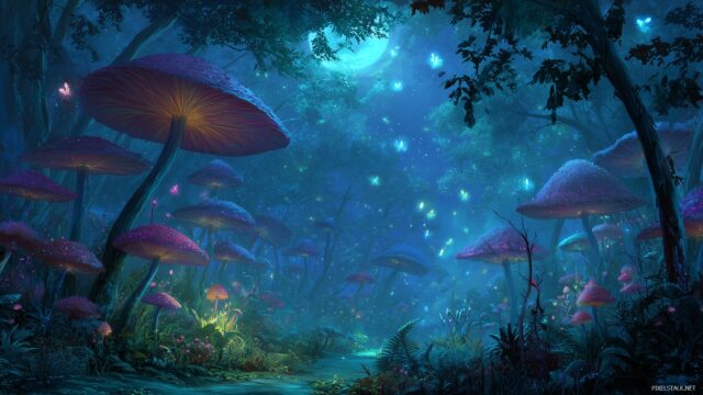 Fantasy background wallpaper download, an enchanting forest with glowing mushrooms and ethereal creatures wandering in the moonlight.