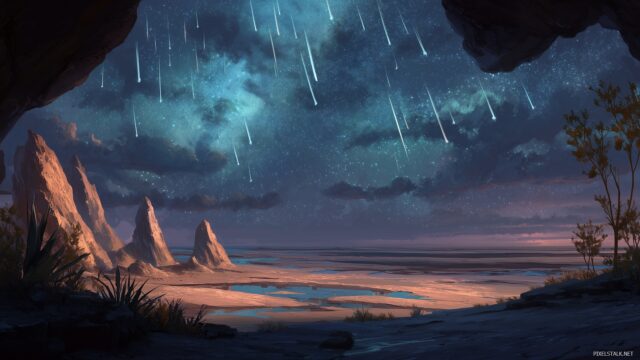 Fantasy background wallpaper download, an otherworldly desert landscape under a canopy of shooting stars.
