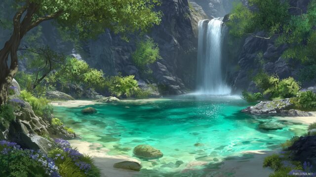 Fantasy background with nature elements, a serene waterfall cascading down into a crystal clear pool with lush greenery all around.
