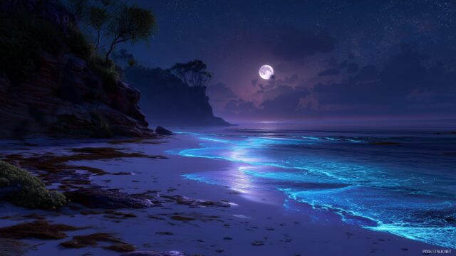 Fantasy background with nature elements, a tranquil beach scene with bioluminescent waves lapping at the shore under a full moon.