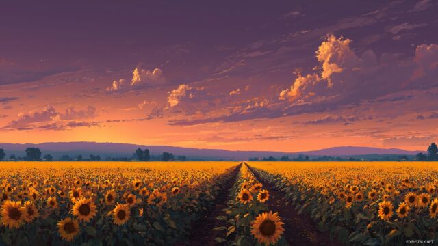 Farming wallpaper HD aesthetic, an artistic interpretation of a sunflower field stretching towards the horizon at dawn.