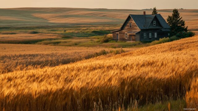 Farming wallpaper HD for desktop, a nostalgic farmhouse surrounded by vast fields of wheat during golden hour.