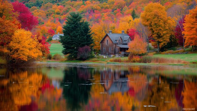 Farming wallpaper HD free, a peaceful lake reflecting the vibrant colors of the autumn foliage in a rural setting.