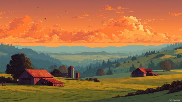 Farming wallpaper HD free, an expansive farm scene featuring quaint barns and rolling hills at sunset.