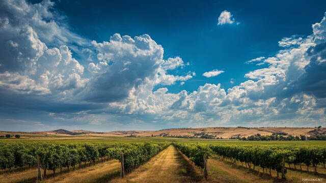 Farming wallpaper HD landscape, a sweeping view of grapevines under a bright blue sky with puffy white clouds.