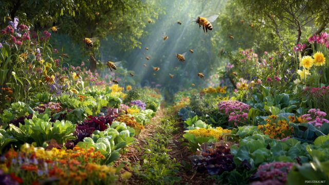 Farming wallpaper HD nature, an idyllic view of a vegetable garden bursting with color, bees buzzing nearby.