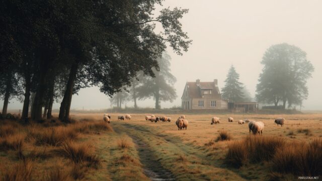 Farming wallpaper HD rural, a tranquil morning fog settling over a rustic farm with grazing animals.