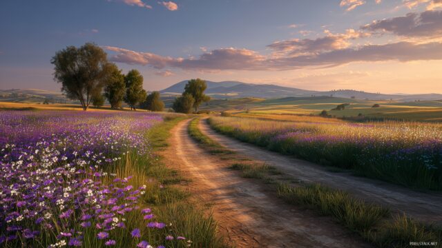 Farming wallpaper HD scenery, a charming dirt road leading through fields of wildflowers and crops in bloom.