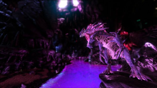 A fierce creature stands on a rock beside a glowing purple river inside a dark cave in Ark Survival Evolved, HD Desktop Wallpaper