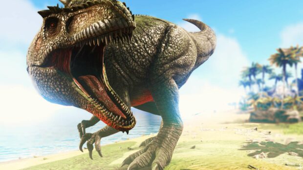 A fierce dinosaur with textured scales is shown roaring near the beach in Ark Survival Evolved wallpapers, HD Desktop Wallpaper