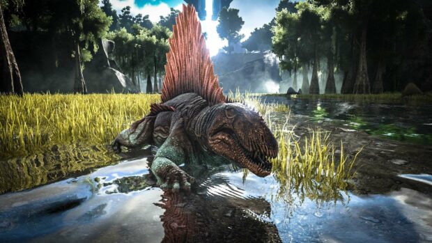 A large dinosaur stands in water surrounded by trees and grass in Ark Survival Evolved, HD Desktop Wallpaper