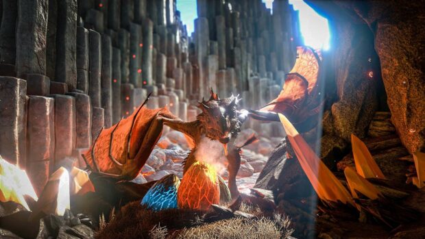 A fierce dragon guards glowing eggs inside a rocky cave in Ark Survival Evolved Wallpapers, 4K Desktop Wallpaper