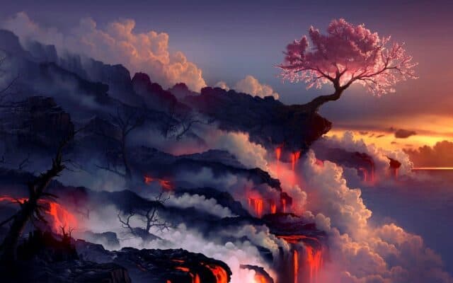 Fiery volcanic landscape with blooming pink tree and misty clouds Nature artwork wallpapers