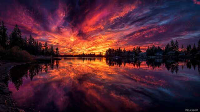 Fire Wallpaper For Desktop Computer, A Fiery Sunset Reflected In Water, Blending The Beauty Of Nature With The Intensity Of Fire For Desktop Enjoyment