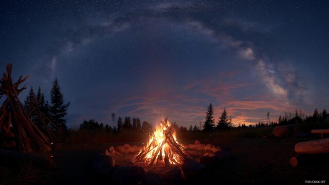 Fire Wide Screen Desktop Wallpaper, A Panoramic View Of A Campfire Under A Starlit Sky, With Lively Flames And Warm Colors That Fill The Entire Screen