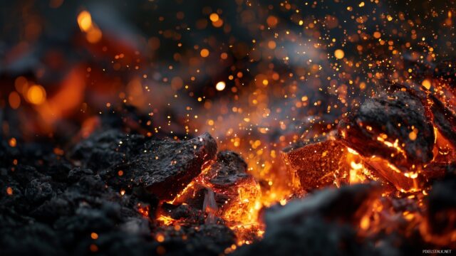 Fire High Definition Desktop Wallpaper, A Close Up Of Glowing Embers And Sparks Flying From A Roaring Fire, Designed To Enhance The Aesthetics Of A Desktop Experience