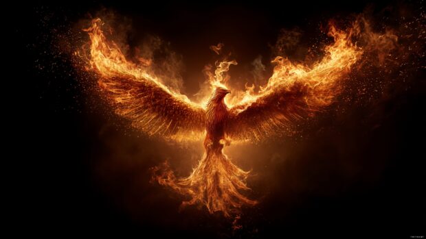 Fire phoenix bird wallpapers, an intense and captivating image of a phoenix engulfed in brilliant fire and smoke in 4K.