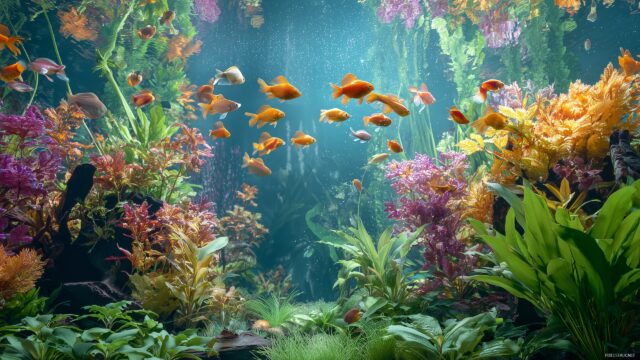 Fish Tank Background For PC, Underwater Paradise With Colorful Fish Darting Through Vibrant Green Foliage