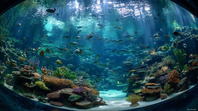 Fish Tank Desktop Background, Enchanting View Of A Large Fish Tank With Captivating Aquatic Life