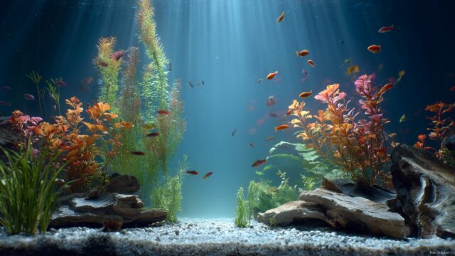 Fish Tank Desktop HD Background Free Download, Relaxing Underwater Ambiance With Gentle Swaying Plants And Fish