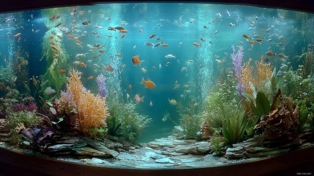 Fish Tank Wide Screen Desktop Background, Stunning Panoramic View Of A Fish Tank Brimming With Activity