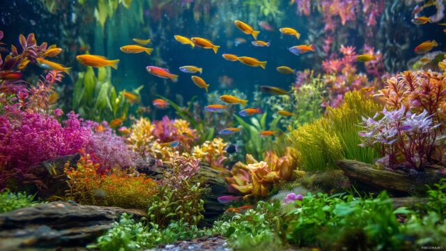Fish Tank High Definition, Lush Aquatic Scene With Colorful Fish Swimming Among Vibrant Plants