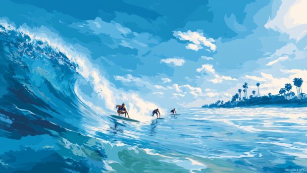 Free HD Surfing Backgrounds, a vibrant scene of surfers riding the waves under a bright blue sky.