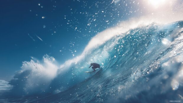 Free High Definition Surfing Backgrounds, an exhilarating moment of a surfer catching a big wave with splashes of water flying.