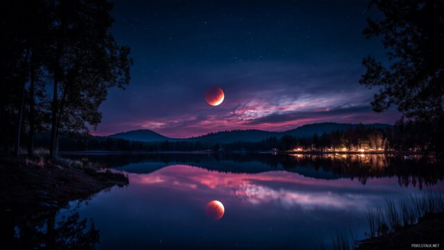 Free eclipse wallpaper HD, a serene night sky illuminated by a dramatic lunar eclipse reflecting on a tranquil lake.
