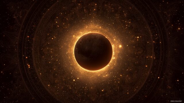 Free eclipse wallpaper HD, an artistic rendering of a lunar eclipse with intricate lunar details and glowing stars around it.